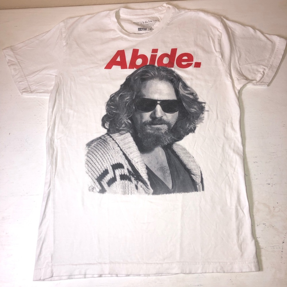 The Big Lebowski White Graphic "Abide." Tee with Red Text, 100% Cotton,pre-owned
